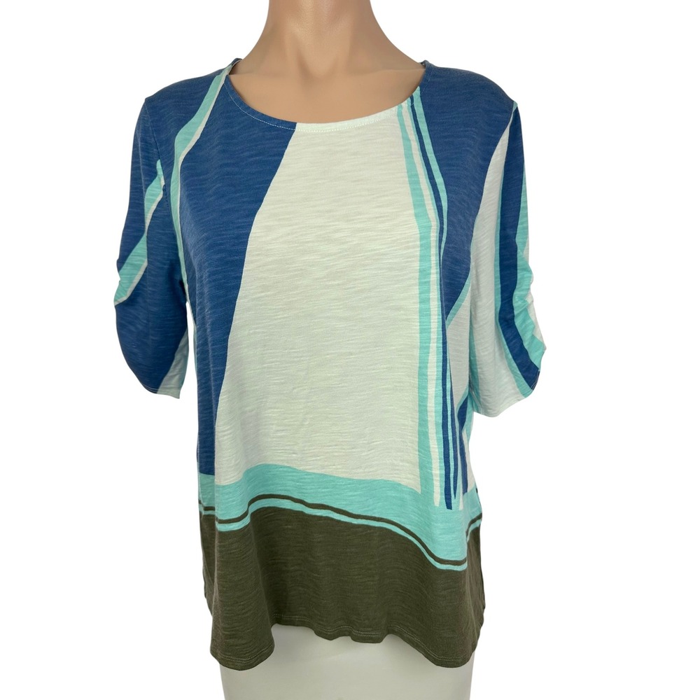 Chico's Pullover Top Sz 2/L Geometric White Blue Brown Ruched Short Sleeve S